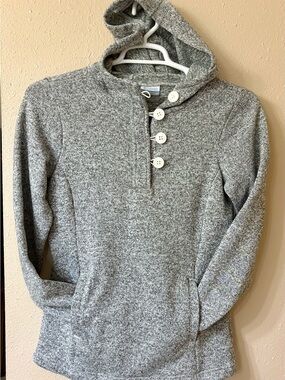 Women's Heather Gray Button-Neck Hooded Pullover Sweatshirt